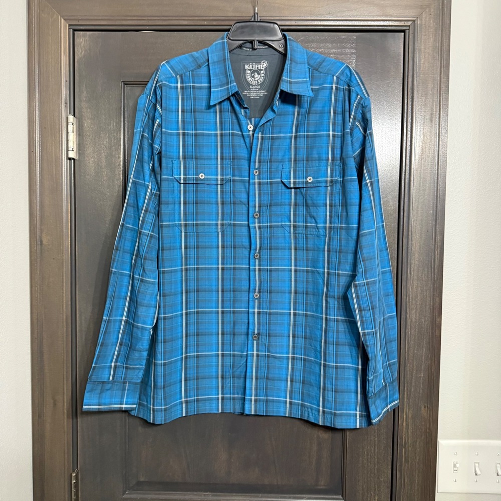 Kuhl Eluxur Mens XL Blue Plaid Long Sleeve Button Down Hiking Shirt IONIK Tech